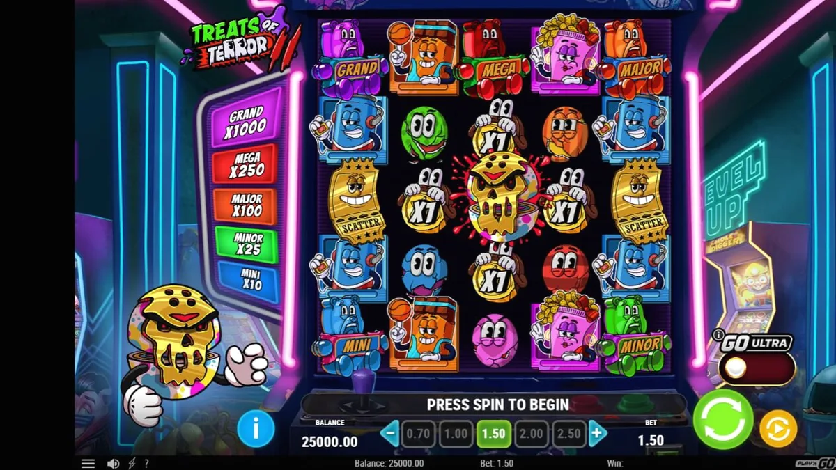 Tampilan visual neon retro dari slot Treats of Terror 2