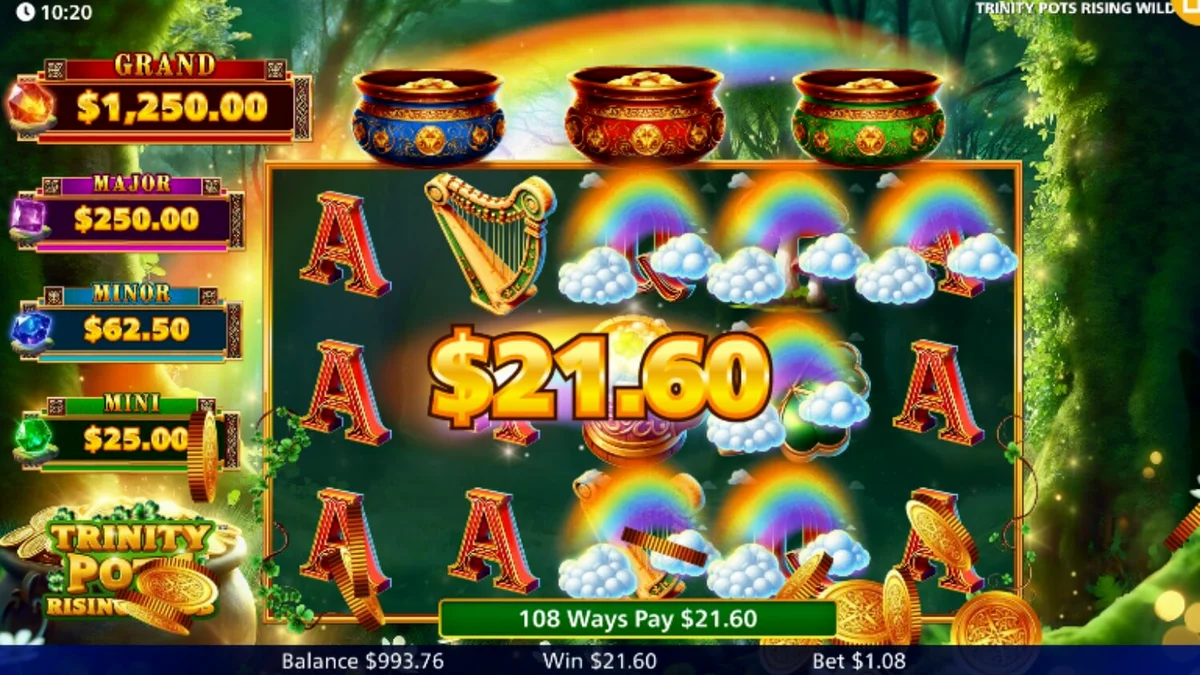 Tampilan visual slot Trinity Pots Rising Wilds dengan tema Irlandia yang ceria