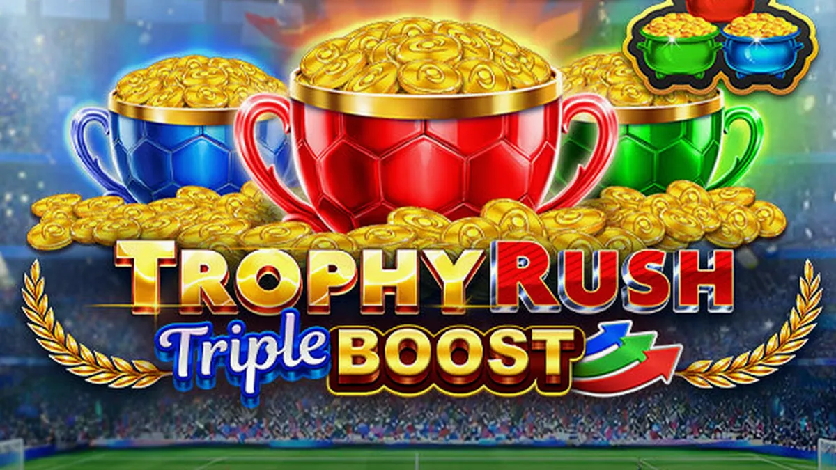 Tampilan visual mesin slot Trophy Rush Triple Boost dengan simbol koin emas dan latar belakang stadion.