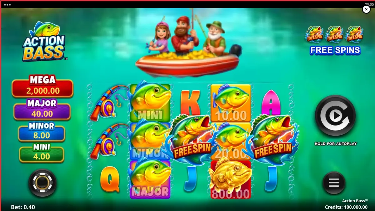 Tampilan visual slot Action Bass dengan tema memancing dan keluarga di danau
